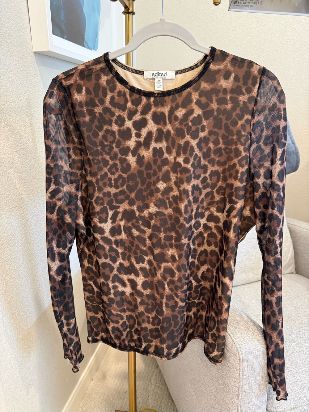 Edited by REMI Leopard Print Long Sleeve Mesh Top - Brown